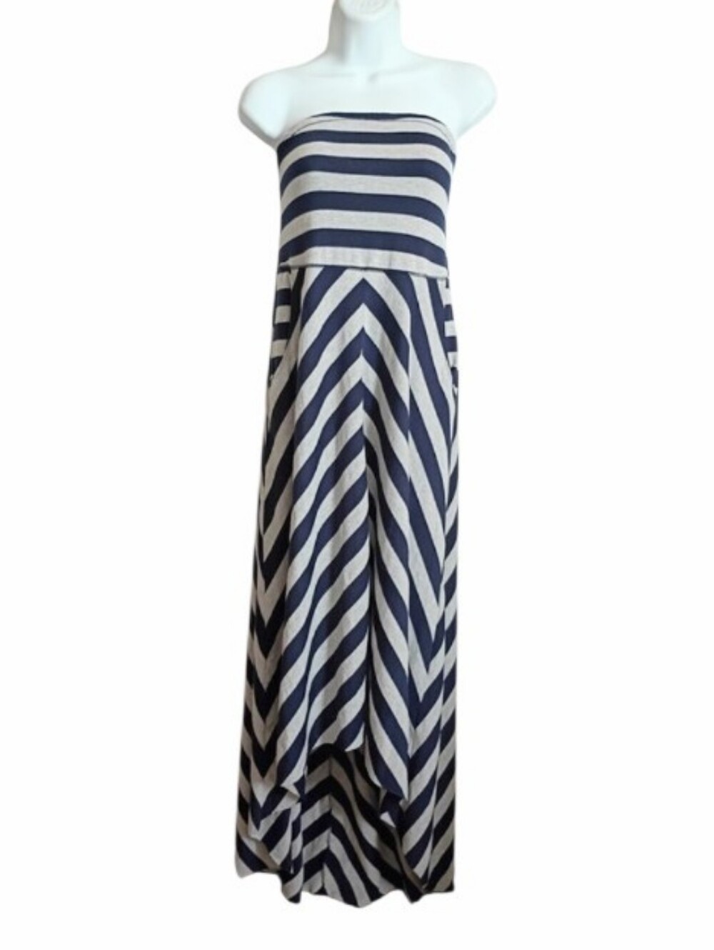 Free People Beach High Low Blue Gray Stripes Knit Maxi Dress sz M
